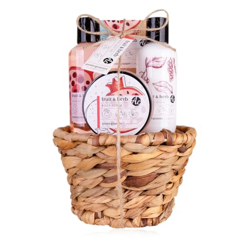 Accentra - Set de ducha para mujer Fruit & Herb en bonita cesta de regalo, 4 piezas, set de baño regalo con gel de ducha, loción corporal, exfoliante y sales de baño – Idea de regalo afrutada