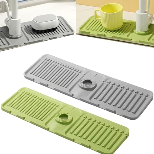 SHBLOMK Kitchen Sink Splash Guard, Silicone Draining Mat Fast Drying Tray, Protector Faucet Mat for Kitchen, Bathroom (Green+Grey)