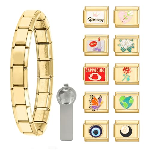 papasgix Italian Charm Bracelet Gold Set with Starter Brascelet Charms Brascelets 9mm Assorted Italian Charms Bracelet Links Handmade DIY Jewelry Gifts Princess Flower