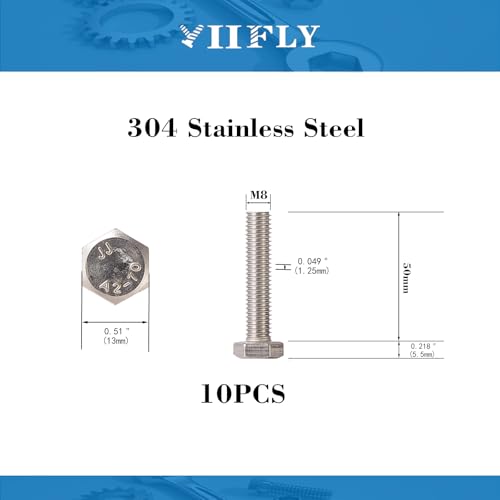 Image of M8x1.25 x 50mm Hex Head Screws Bolts, 304 Stainless Steel (A2-70), Bright Finish, Fully Threaded, Hexagon Head Bolts, Quantity 10