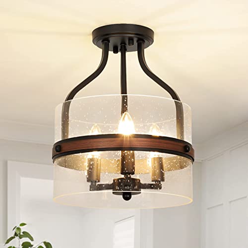 Depuley Farmhouse Semi Flush Mount Ceiling Light Fixture, 3-Light Metal Candle Holder Chandelier With Seeded Glass Shade, Industrial Ceiling Lamp For Kitchen Dining Room Hallway Bedroom, E12 Base #TOP10