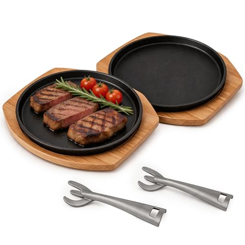 Konnieem 2 Pack Cast Iron Sizzling Plates with Wooden Base & Anti-Scald Clip Fajita Steak Iron Plate for Home Cooking