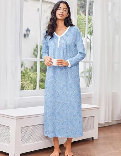 Ekouaer Cotton Nightgowns for Women Long Sleeve Nightgown Full Length Night Gown Soft Comfy Nightdress Button Sleep Shirts4