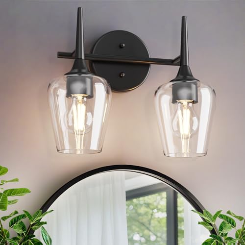 Image of Black Vanity Light 2-Light Modern Farmhouse Bathroom Light Fixture with Wine Glass Shades for 16 Inch Mirror, Decor Wall Sconce for Hallway Bedroom