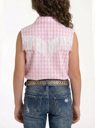 Image of Girls Fringe Shirt Sleeveless Button Down Western Cowgirl Tassel Trim Casual Blouse Shirt Top 4-13Y