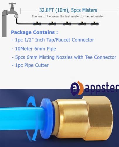 Image of Misting Cooling System 10Mtr Pipe + 5pcs Atomization Nozzles + 1 /2 inch Tap Connector + Cutter for DIY Sanitization Fogger Sprayer Watering Fogging Kit Sprinkler for Garden Outdoor Balcony