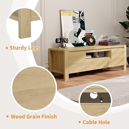 Image of TV Stand with Cabinet Doors, Entertainment Center with Adjustable Shelves, Media Console with Cable Management for Living Room or Bedroom,Natural Wood