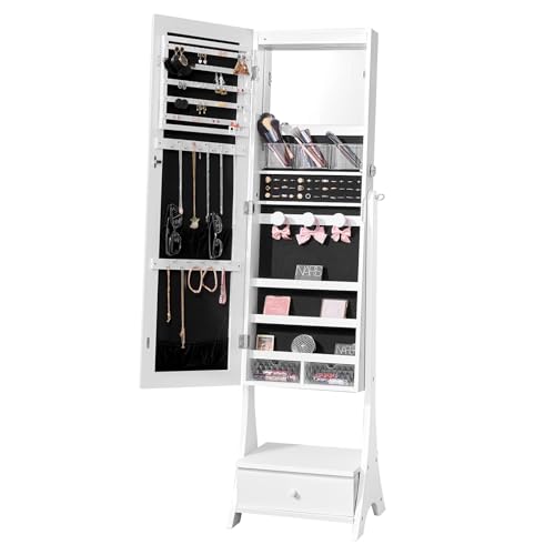 VEVOR Armario para Joyas de 41 x 36 x 157 cm con Espejo, Organizador de Espejos de Joyas con Cerradura y Espejo de Cuerpo Entero, Forro de Terciopelo, Luz LED, Cajón para Joyas, Valores, Blanco