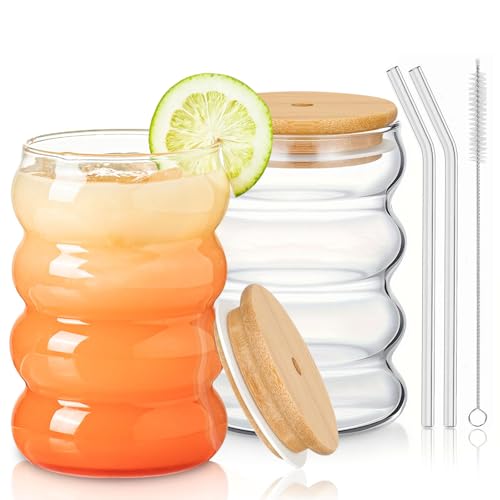 Woobroo Juego de 2 vasos de cóctel de 350 ml, vasos de cristal ondulados, vasos de café, vasos de cristal para agua, bebida, zumo con pajitas de cristal, cepillos