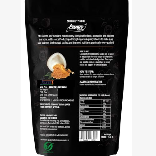 Image of Essence Nutrition Unrefined Pure Coconut Sugar (1 Kg - 500gm x 2) - 100% Pure Coconut Sugar [All Natural]
