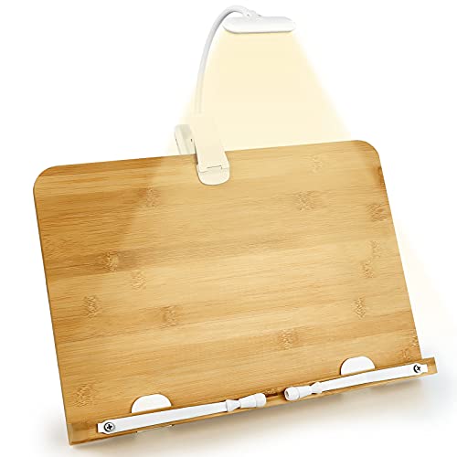 Book Stand for Reading ZZWS Portable Book Holder with Light Adjustable Cookbook Stand for Recipe Laptops Stand for Tablet Bamboo Book Holder Stand for Online Course Reading Writing Typing