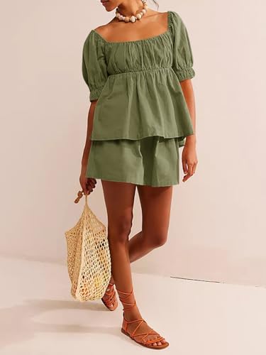 Image of Tankaneo Womens 2 Piece Outfits Summer Square Neck Short Puff Sleeve Babydoll Tops and Shorts Matching Set