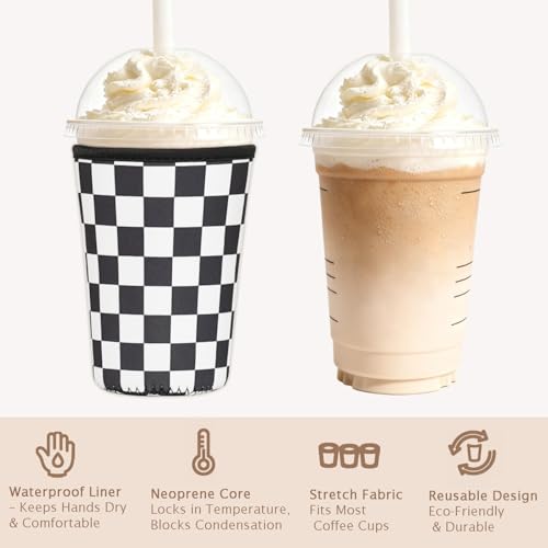Image of Reusable Insulated Neoprene Iced Coffee Cup Sleeve, Durable Drink Sleeve for Cold Beverages, Beverage Holder for Iced Coffee, Multi-Tone Checkers