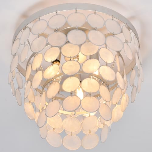 Topaluce Modern Capiz Shell Chandelier Boho Coastal Silver Flush Mount Ceiling Light Fixture for Kids Bedroom,Dressing Room,Entryway,Kitchen Dining Room - Image 3