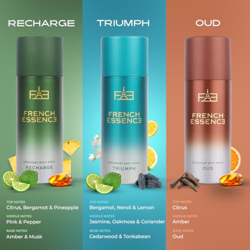 Image of FRENCH ESSENCE Deo Combi Pack Triumph, Oud & Recharge Deo Body Spray 50Ml Each For Men Deodorant Spray - For Gents