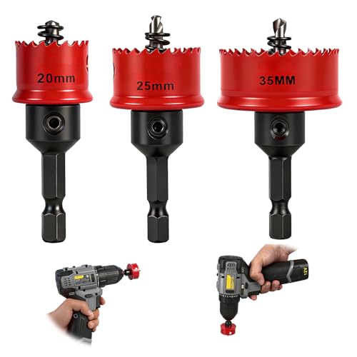 AwObEpl 3 Piece HSS Bi-Metal Hole Saw Set, 20/25/35mm with Hex Shank, M42 Cobalt Steel Drill Bits, Electrician's Tool Kit for Cutting Thin Stainless Steel, Aluminium, Wood & Plastic Sheet