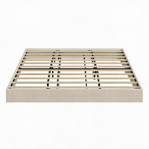 Image of GarveeHome King Size Bed Frame, Wood Platform Bed, Fluted Bed Frame, Minimalist Bed Base with Low Profile Design, Noise-Free, Easy Assembly, No Box Spring Needed, Cream White