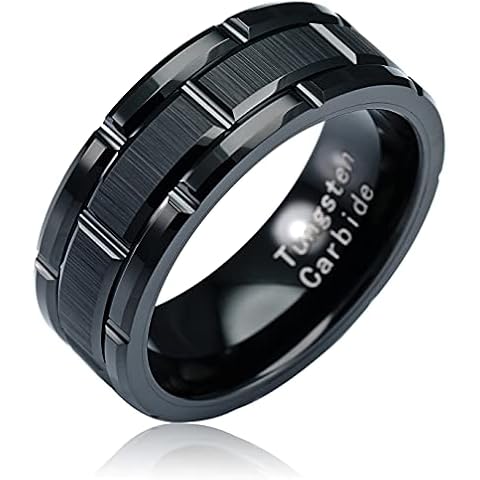 100S JEWELRY Black Tungsten Rings For Men Wedding Band Brick Pattern Brushed Engagement Promise Size 6-16 (Custom Text Engraving, 9) Cover