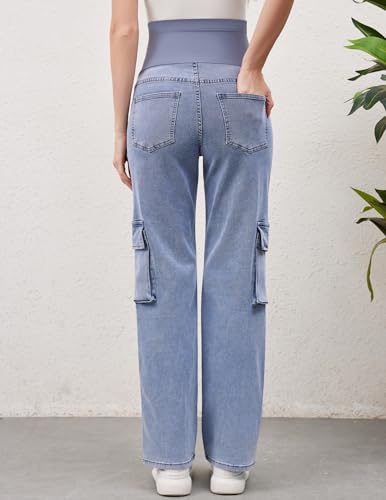 Image of PACBREEZE Women's Maternity Jeans Cargo Straight Leg Relaxed Jeans Over Belly Comfy Denim Pregnancy Pants, S-XXL (Light Blue, Small)