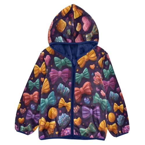 Colorful Bows and Hearts Pattern Toddler Fleece Jacket Girl Boys Hooded Fleece Jacket Coat Warm Outwear Zip-up 3-10T