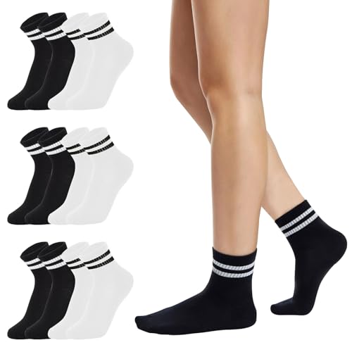 Image of Risipu 6 Pairs Striped Crew Socks,Cozy Soft Ankle Cotton Socks for Women, Stylish Women's Casual Comfort Breathable Athletic Socks (UK, Alpha, One Size, Regular, Regular, 6 Pairs - White&Black)