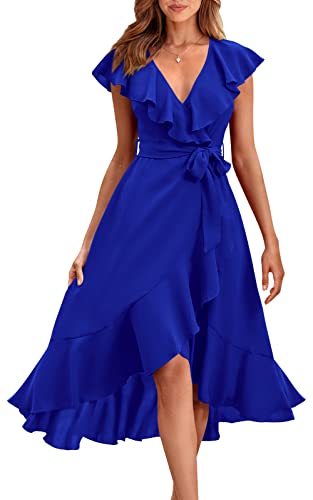 Image of PRETTYGARDEN Women's 2023 Summer Wrap Maxi Dress Casual Boho Deep V Neck Short Sleeve Ruffle Hem Split Beach Long Dresses