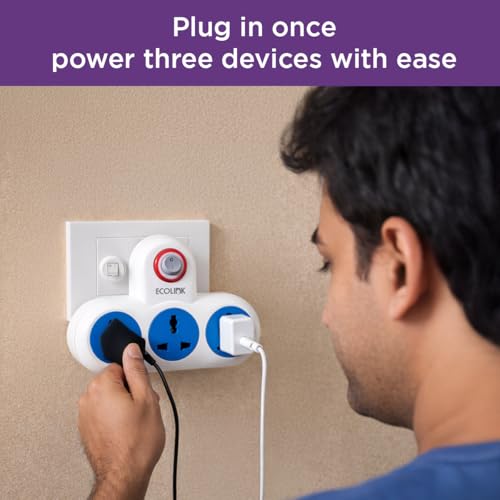 Image of EcoLink PowerPlus T-Multiplug 6A Extension | Compact & Portable Power Strip | Home, Office & Travel | Overload & Short Circuit Protection | Pack of 1