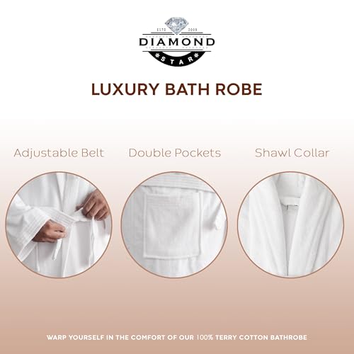 Velour Robes - Luxury Hotel BathRobe 100% Cotton Quality with Side Pockets & Waist-Tie Belt One Size Men & Women Spa Robe White (US, Alpha, One Size, Regular, Regular, White)4