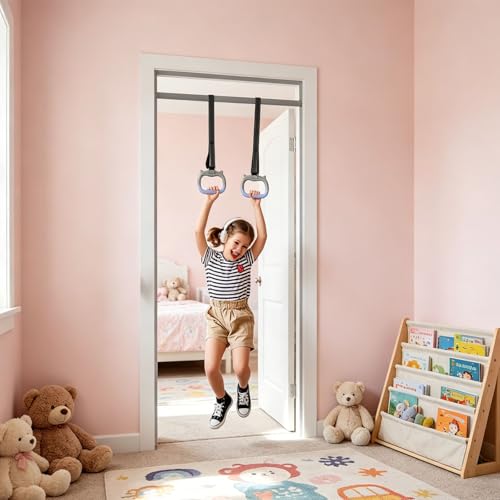 Image of Pull Up Bar for Home for Kids, Gymnastics Equipment for Kids, Kids Hanging Rod for Height, Monkey Bar for Home for Kids, Kids Exercise Equipment for Home, 1.45 Meters Length Adjustable Gray Rings