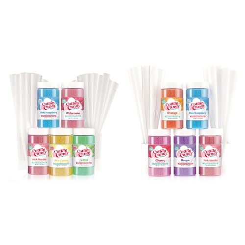 Cotton Candy Express Floss Sugar Variety Pack bundle ten total- 11oz Plastic Jars of Lime, Watermelon, Pina Colada, Orange, Grape, Cherry, and two of each Blue Raspberry and Pink Vanilla Floss Sugar