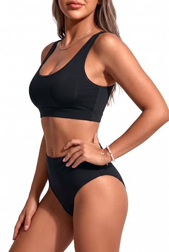 Image of Sporty Bikini Set Two Piece High Waisted Swimsuit Athletic Bathing Suit | Sporty,High Waisted Bottom,U-back,Removable Cups,Athletic,Quick Dry