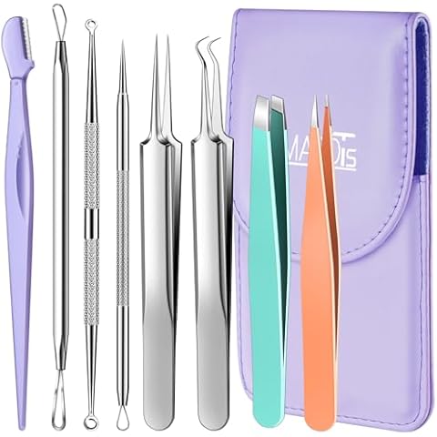 TsMADDTs Blackhead Remover Tools and Ingrown Hair Tweezers, 9PCS Pimple Popper Tool Kit, Ingrown Hair Removal Kit with Pimple Extractor, Pore Extractor, Tweezers, Razor Cover