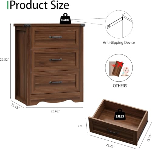 Image of Xixini Nightstand Set of 2 with 3 Storage Drawers, Tall Side Table, Walnut