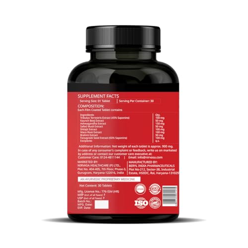 Image of Nirvasa StayManly Tablets (30 Tabs) | Ayurvedic Strength, Stamina & Performance Booster | Boosts Energy, Endurance & Vitality | Tribulus Terrestris, Ashwagandha, Safed Musli & Shilajit- Pack of 1