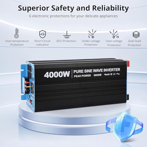 Image of 4000W Pure Sine Wave Power Inverter 12V to 110V /120V DC to AC with LCD Display, Remote Controller 4 x AC Outlets & 2 x 3.4A USB Car Adapter for Car Truck Boat RV Solar System