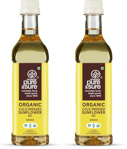 Image of Phalada Pure & Sure Pure & Sure Organic Sunflower Oil | Sunflower Oil for Cooking | High in Antioxidants, Delicious & Healthy Sunflower Cooking Oil (500 ml) (Pack of 2)