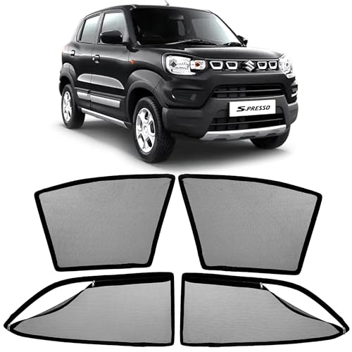 Image of AutoStory Magnetic Car Sunshade for Maruti SPresso | Front Half Cut for Mirror Visibility + Rear Full Coverage with Zipper | Heavy Heat & UV Protection | Privacy Side Window Curtains Shades