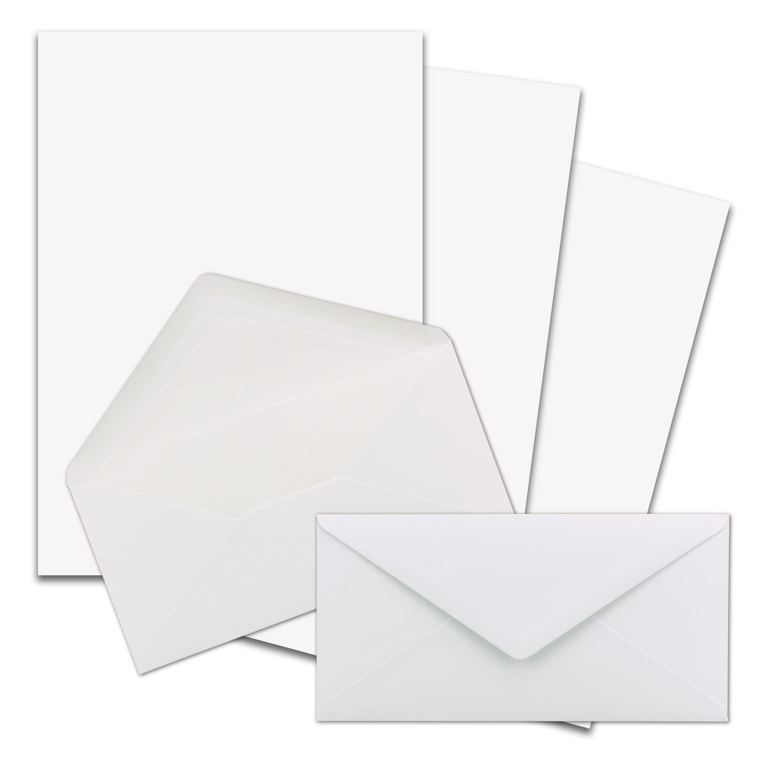 Set di 1000 buste di carta da lettere formato DIN A4 e DL, foderate con fodera in seta bianca, incollaggio a umido, colore: bianco