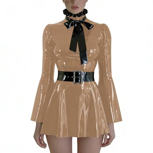 Robe preppy en PVC chic à col nœud et ceinture pour vos sorties urbaines et soirées