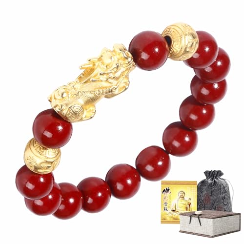 Feng Shui Bracelet 24k Gold Plated PiXiu Bracelets for Men Women, Red Cinnabar Bracelet Prayer Beads Dragon Protection Bracelet Jewelry Gifts Meaning to Attract Wealth and Good Luck