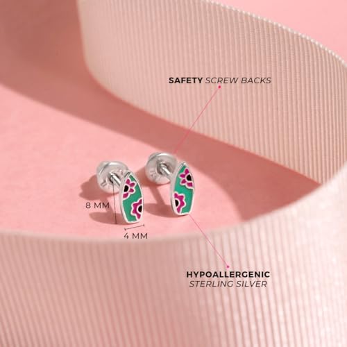 925 Sterling Silver Teal Enamel Flower Surfboard Safety Screw Back Earrings For Little Girls - Children's Vacation Surfboard Earrings - Small Beach Day Earrings For Young Children4