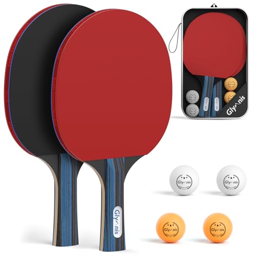 Glymnis Table Tennis Set of 2 with 4 Balls, Table Tennis Paddle Set with Storage Case, Portable Ping Pong Rackets for Indoor Outdoor Games