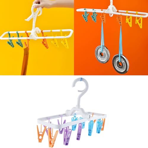 DUZEPA Zusammenklappbarer, tragbarer Unterwäschebügel mit 12 Clips und 360° drehbarem Haken für Socken, Unterwäsche, geeignet für Balkon und Innenräume