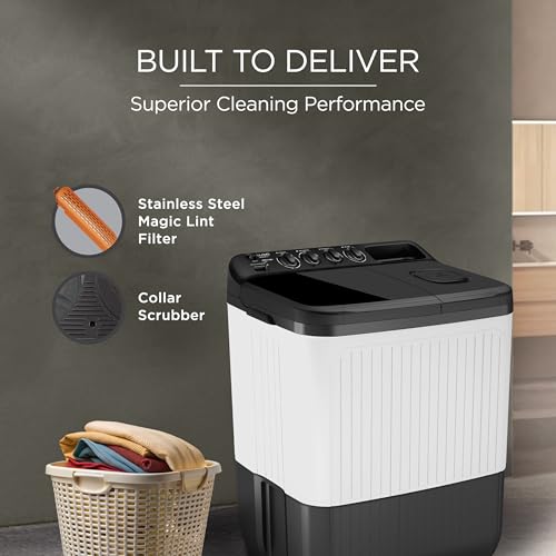 Image of Lloyd 8 kg 5 Star Semi Automatic Top Load Washing Machine |1300 RPM | Detergent Storage Zone | 3 Wash Programs | Swift Dry | Magic Filter, (GLWS805AODDG, Dark Grey and White)