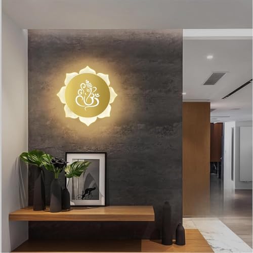 Image of Flower Ganpati LED Wall Light - Gold & Frosted Acrylic | Ideal for Temple, Living Room, Bedroom, Pooja Room, Mandir & Shops - (1 Pack)