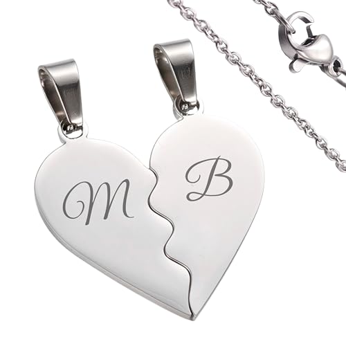 GDG Laser Collection Collana Personalizzata per Coppia con Cuore Diviso, Acciaio Inossidabile 304 Lucido, Pendente con Iniziale Incisa (Acciaio)