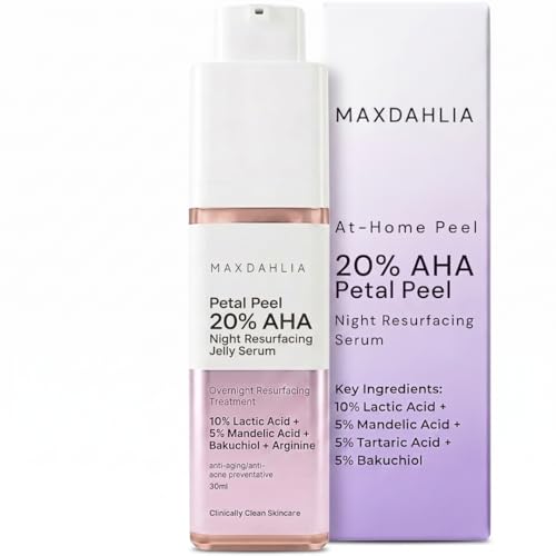 MAXDAHLIA Petal Peel 20% AHA Serum – Lactic + Mandelic Acid Chemical Peel for Dark Spots & Acne Marks | Bakuchiol Night Treatment | No Downtime | Safe for Sensitive & Acne-Prone Skin