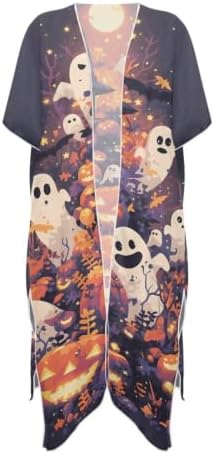 Irisjudy Halloween Womens Summer Bathing Suit Cover Up, Moonlit Cartoon Pumpkin Ghost Castle Chiffon Bikini Kimono Cardigan Lightweight Beachwear Dress - 2