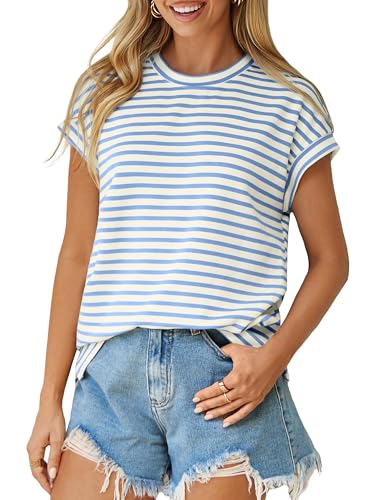 Best Cap Sleeve Tops for Women Over 50 (Flattering Styles Worth Buying) 9 Glamaker Women Cap Sleeve Basic Tops Crewneck Striped Tee Shirts Summer Short Sleeve T-Shirt Casual Fashion Clothes 2026(Medium,Blue Striped)