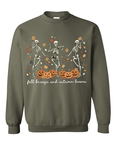 Fall Breeze And Autumn Leaves Skeleton Dancing Halloween Sweatshirt Premium Quality Top Crew Neck Tee Funny Sweater
